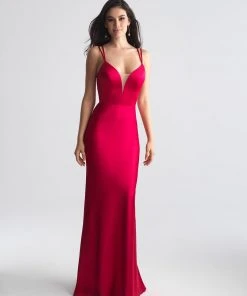 Madison James - 18-723 Deep V-neck Stretch Satin Sheath Dress