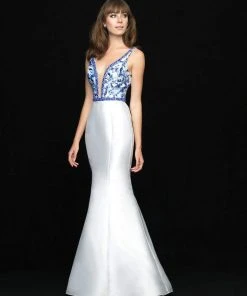 Formal Gowns Madison James - 18-727 Deep V-neck Floral Print Mermaid Gown