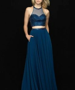 Madison James - 18-732 Two Piece Embellished High Halter Chiffon Dress