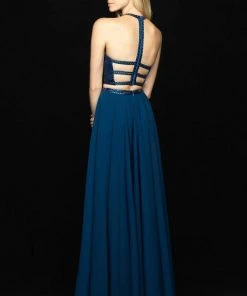 Madison James - 18-732 Two Piece Embellished High Halter Chiffon Dress