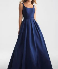 Madison James - 18-735 Ribbon Accented Plunging Back Lustrous Ballgown Formal Gowns