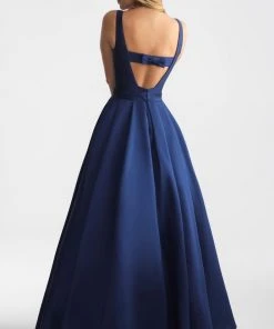 Madison James - 18-735 Ribbon Accented Plunging Back Lustrous Ballgown Formal Gowns