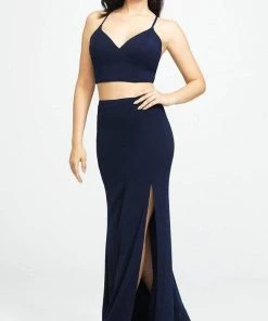Madison James - 19-123 Crop Top Sheath Skirt With Slit Jersey Dress Formal Gowns