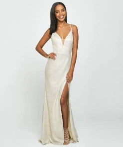 Madison James - 19-131 Sparkle Net Deep V-neck Trumpet Dress Formal Gowns