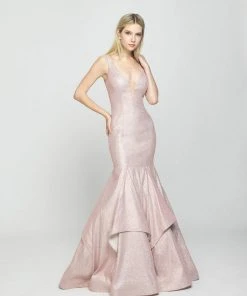 Formal Gowns Madison James - 19-132 Sparkle Net Deep V-neck Mermaid Dress