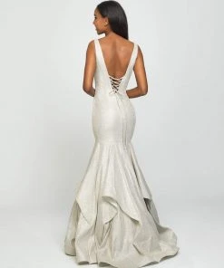 Formal Gowns Madison James - 19-132 Sparkle Net Deep V-neck Mermaid Dress