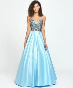 Madison James - 19-133 Beaded Deep V-neck Satin A-line Dress