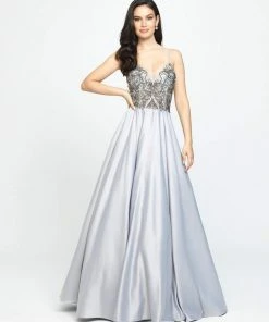 Madison James - 19-133 Beaded Deep V-neck Satin A-line Dress