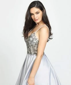 Madison James - 19-133 Beaded Deep V-neck Satin A-line Dress