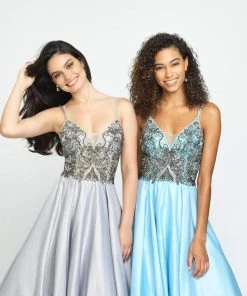 Madison James - 19-133 Beaded Deep V-neck Satin A-line Dress