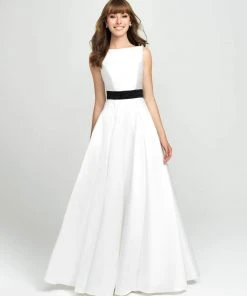 Madison James - 19-145 Embellished Bateau Mikado Pleated A-line Dress