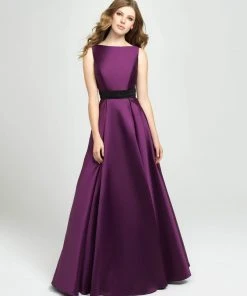 Madison James - 19-145 Embellished Bateau Mikado Pleated A-line Dress