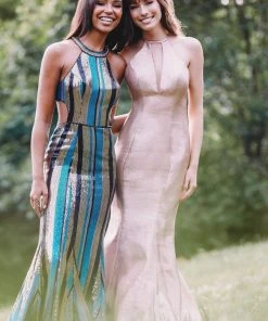 Formal Gowns Madison James - 19-148 Multicolored Sequined Halter Trumpet Dress