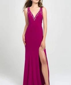 Madison James - 19-150 Beaded Plunging V-Neck High Slit Gown Formal Gowns
