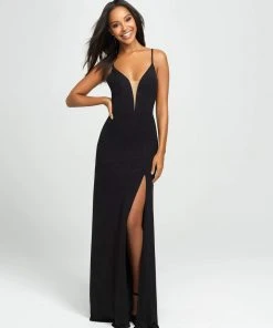 Madison James - 19-154 Glitter Jersey Deep V-neck Sheath Dress Formal Gowns