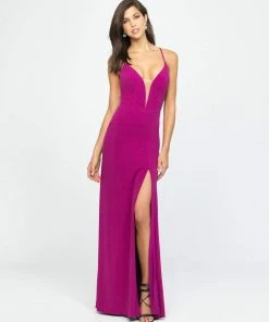 Madison James - 19-154 Glitter Jersey Deep V-neck Sheath Dress Formal Gowns