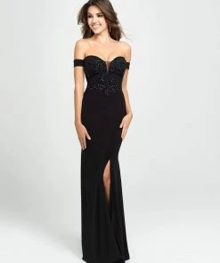 Madison James - 19-162 Beaded Off-Shoulder Gown With Slit