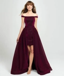 Madison James - 19-163 Shimmer Knit Off-Shoulder Dress With Overskirt