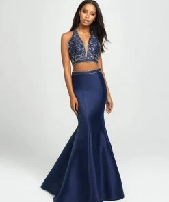 Madison James - 19-166 Two Piece Plunging Halter Mermaid Gown