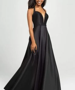 Madison James - 19-171 Bejeweled Halter Satin A-Line Gown