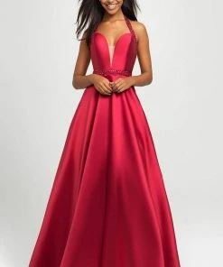 Madison James - 19-171 Bejeweled Halter Satin A-Line Gown