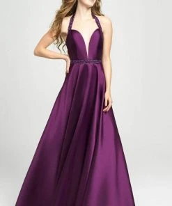 Madison James - 19-171 Bejeweled Halter Satin A-Line Gown