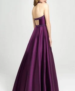 Madison James - 19-171 Bejeweled Halter Satin A-Line Gown