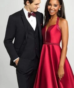 Madison James - 19-171 Bejeweled Halter Satin A-Line Gown