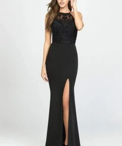 Madison James - 19-177 Embroidered Halter Stretch Satin Trumpet Dress