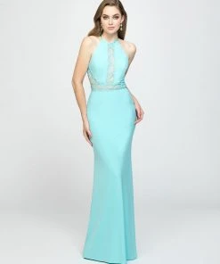 Madison James - 19-184 Lace Halter Stretch Satin Trumpet Dress Formal Gowns