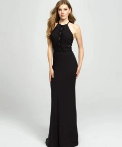 Madison James - 19-184 Lace Halter Stretch Satin Trumpet Dress Formal Gowns
