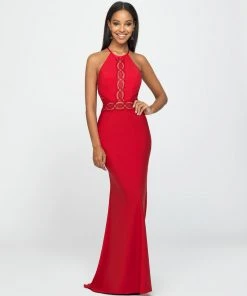 Madison James - 19-184 Lace Halter Stretch Satin Trumpet Dress Formal Gowns