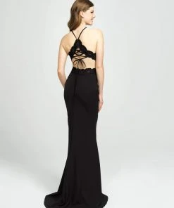 Madison James - 19-184 Lace Halter Stretch Satin Trumpet Dress Formal Gowns