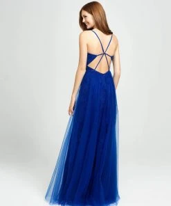 Formal Gowns Madison James - 19-195 Glitter Lace Deep V-neck Tulle A-line Dress