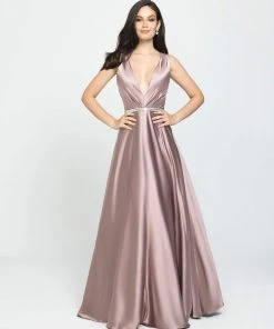 Formal Gowns Madison James - 19-204 Embellished Deep V-neck Stretch Satin Dress 9 Formal Gowns Madison James - 19-204 Embellished Deep V-neck Stretch Satin Dress