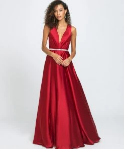 Formal Gowns Madison James - 19-204 Embellished Deep V-neck Stretch Satin Dress 11 Formal Gowns Madison James - 19-204 Embellished Deep V-neck Stretch Satin Dress