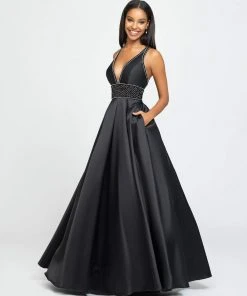 Madison James - 19-206 Beaded Deep V-neck Jersey A-line Dress Formal Gowns