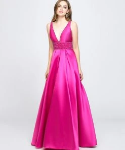 Madison James - 19-206 Beaded Deep V-neck Jersey A-line Dress Formal Gowns