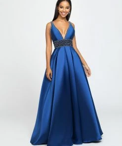 Madison James - 19-206 Beaded Deep V-neck Jersey A-line Dress Formal Gowns