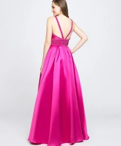 Madison James - 19-206 Beaded Deep V-neck Jersey A-line Dress Formal Gowns