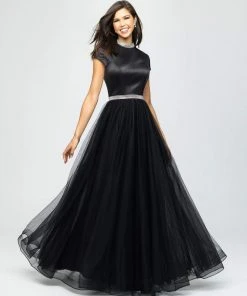 Madison James - 19-255M Satin High Neck Dotted Swiss Tulle Aline Dress Formal Gowns
