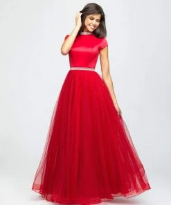 Madison James - 19-255M Satin High Neck Dotted Swiss Tulle Aline Dress Formal Gowns