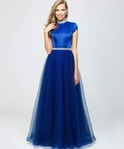 Madison James - 19-255M Satin High Neck Dotted Swiss Tulle Aline Dress Formal Gowns