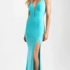 Madison James - 20-368 Plunging Lace Up Back High Slit Gown Formal Gowns