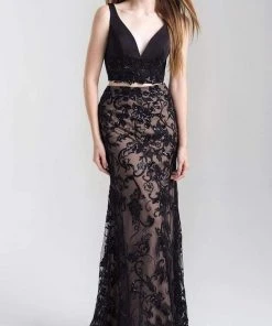 Madison James - 20-380 Two Piece Embroidered V-neck Sheath Dress Formal Gowns