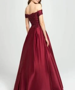 Madison James - Beaded Appliqued Off Shoulder Satin A-Line Gown 19-102 - 1 Pc White In Size 08 Available Formal Gowns