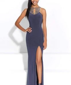 Madison James - Long Jersey Dress With Beaded Neckline 17-267 Formal Gowns
