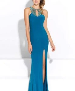 Madison James - Long Jersey Dress With Beaded Neckline 17-267 Formal Gowns