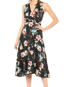 Cocktail Dresses Maggy London - G3784M Tea Length Floral Surplice Dress