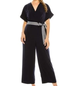 Maggy London - G4082M Short Sleeve Stripe Belted Capri Jumpsuit